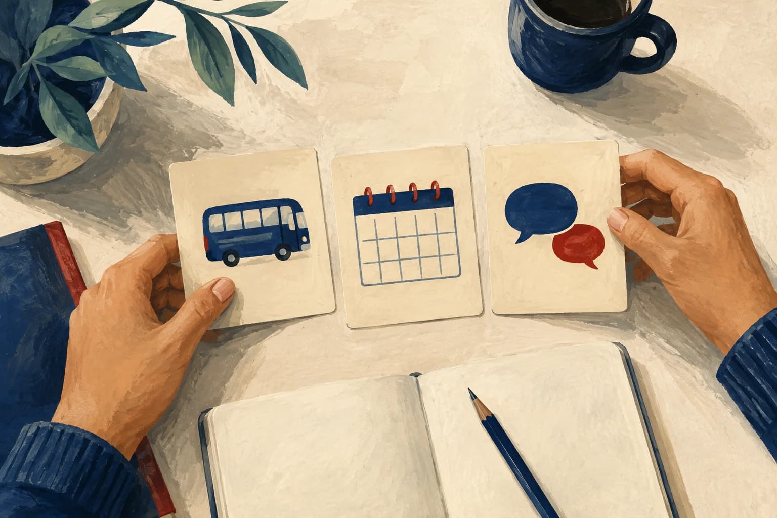 Deux mains organisent trois cartes illustrées : un bus, un calendrier et des bulles de conversation.