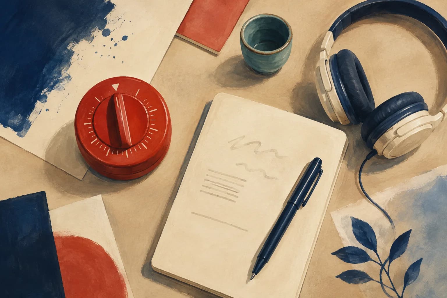 Illustration d'un minuteur rouge, d'un carnet, d'un stylo et d'un casque pour organiser une séance de français.