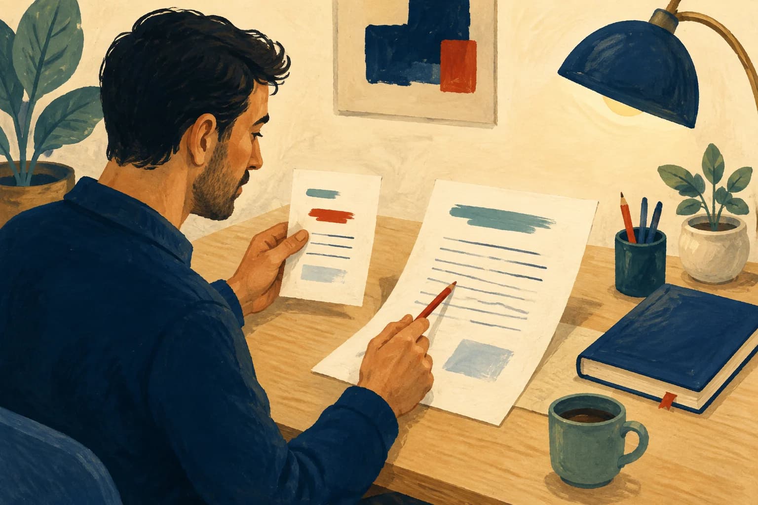 Une personne qui lit compare un courrier et une annonce sur un bureau, en repérant les informations utiles.
