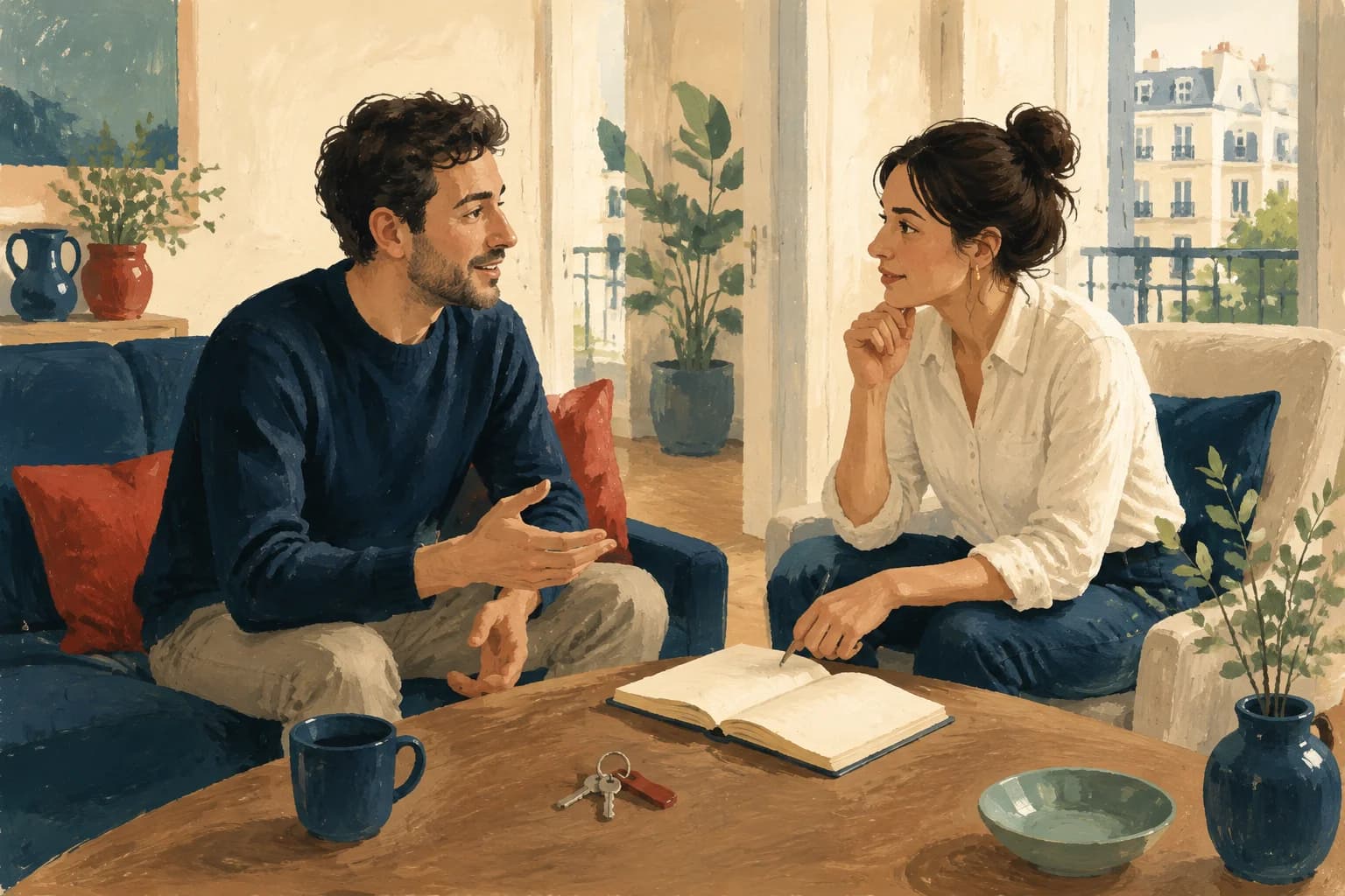 Deux adultes discutent dans un logement lumineux, avec un carnet de questions et un trousseau de clés.