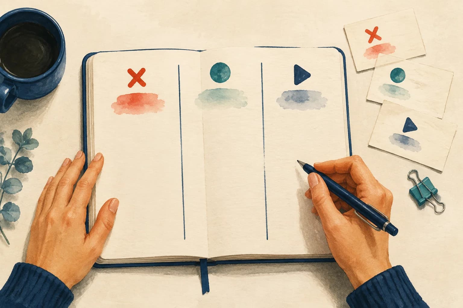 Un carnet de révision ouvert présente trois zones de travail, accompagné d'un stylo et de petites fiches.