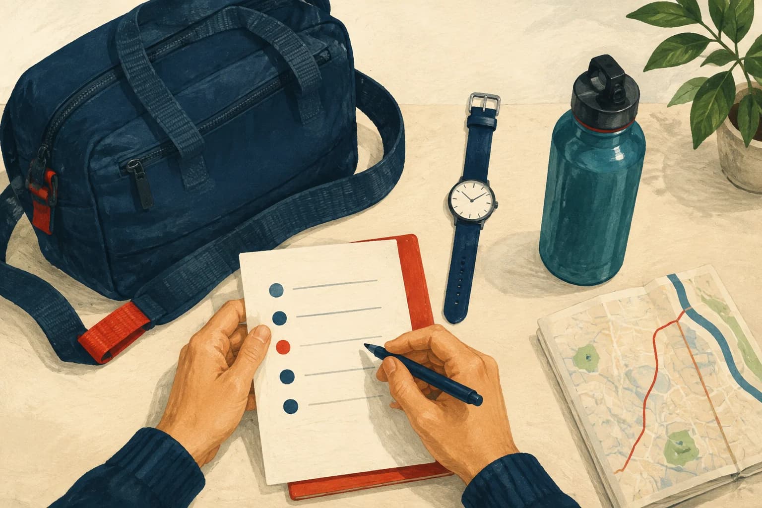 Un sac, une montre, une feuille de vérification et une gourde préparés sur une table avant un déplacement.
