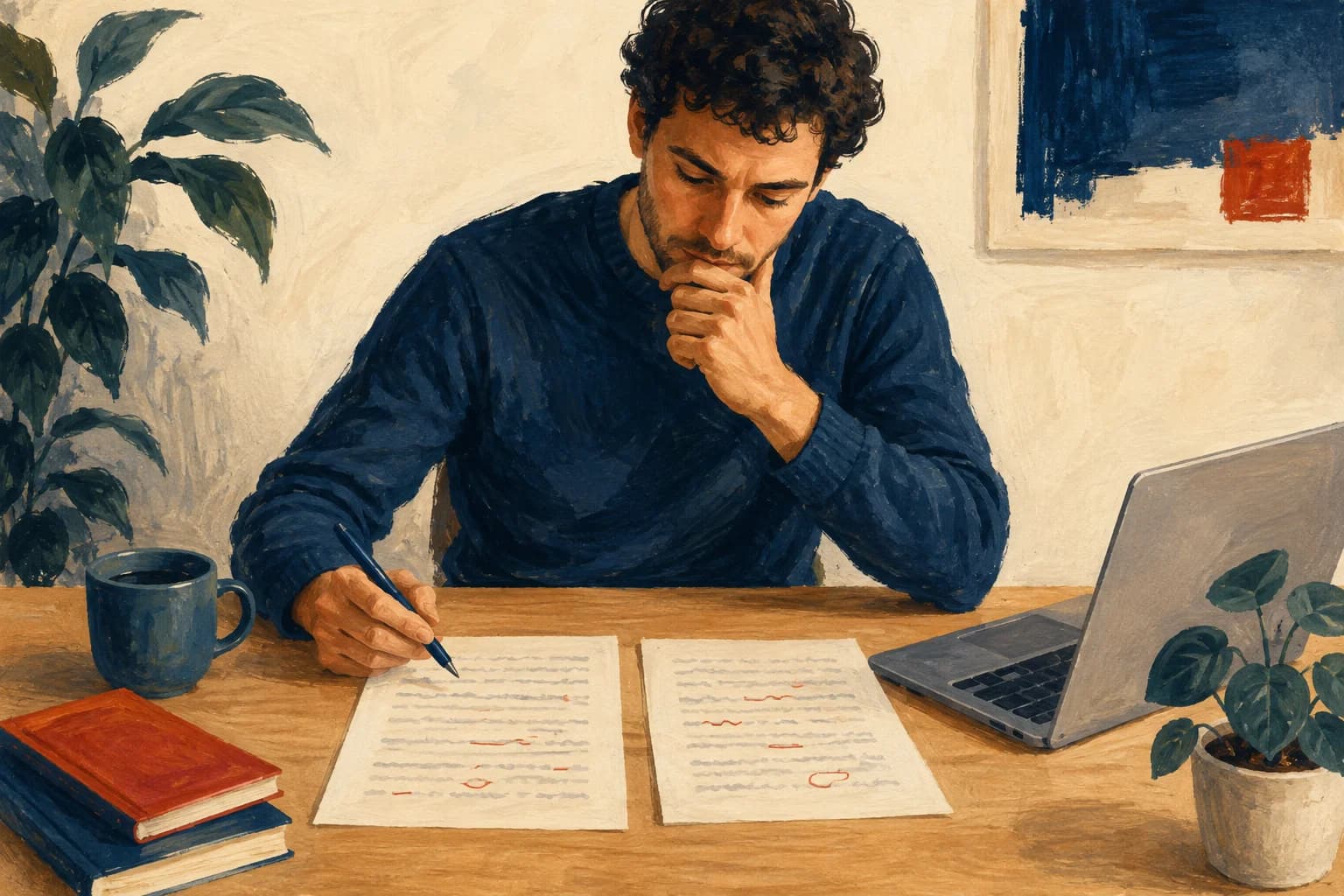 Une personne relit deux versions d'un texte sur son bureau, avec des annotations de correction discrètes.