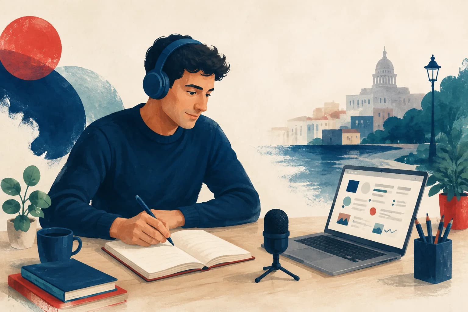 Illustration d'un adulte qui prépare le français avec un carnet, un casque, un ordinateur et un microphone.